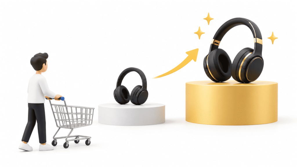 Illustration d’un upsell en vente montrant le passage d’une offre standard à une version premium.